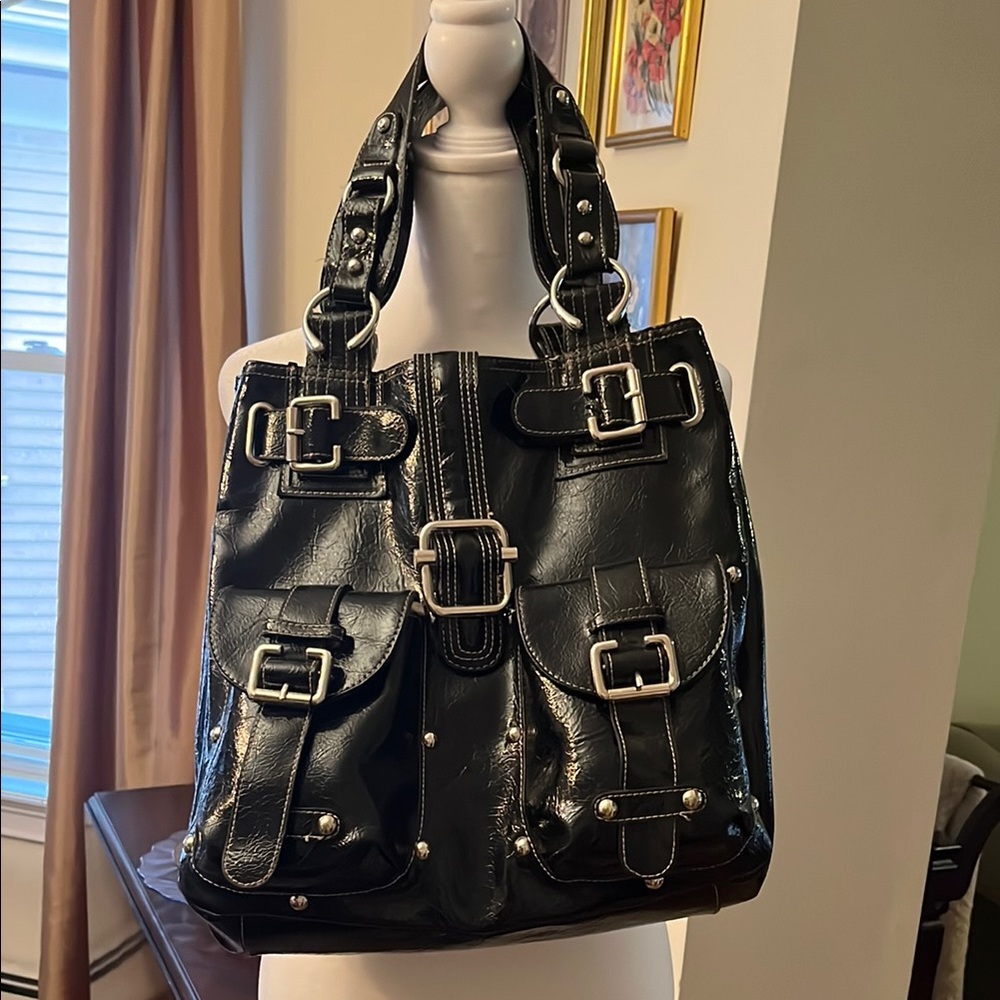 Barney’s New York Stylish Black Buckle Tote Bag textured patent leather.